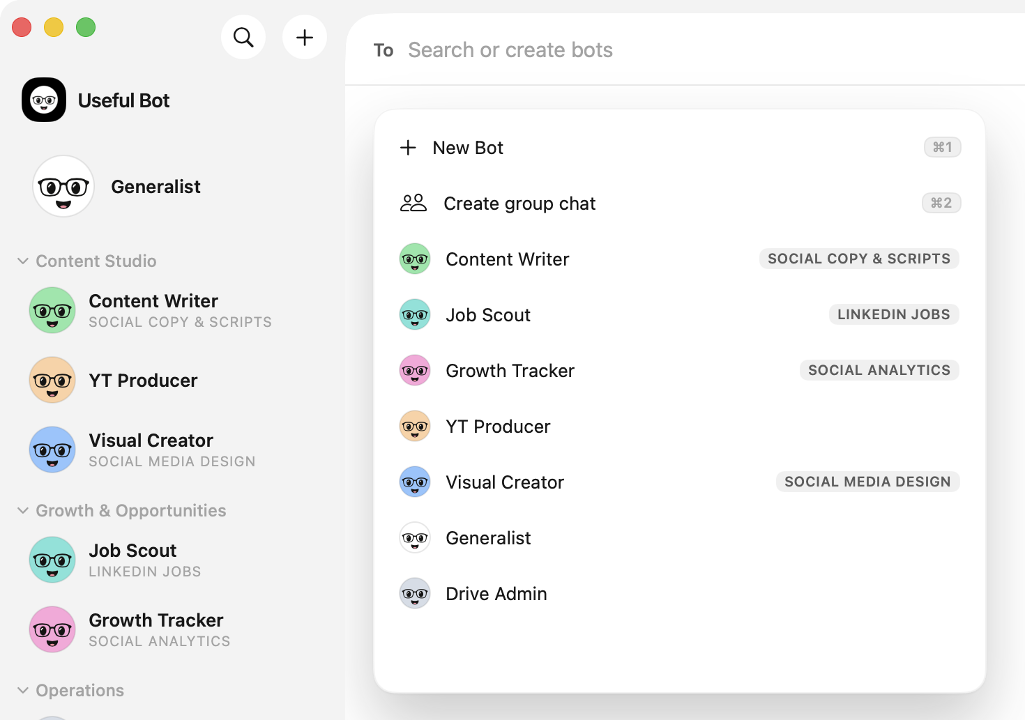 The new chat picker: New Bot, Create group chat and a list of bots with their jobs.