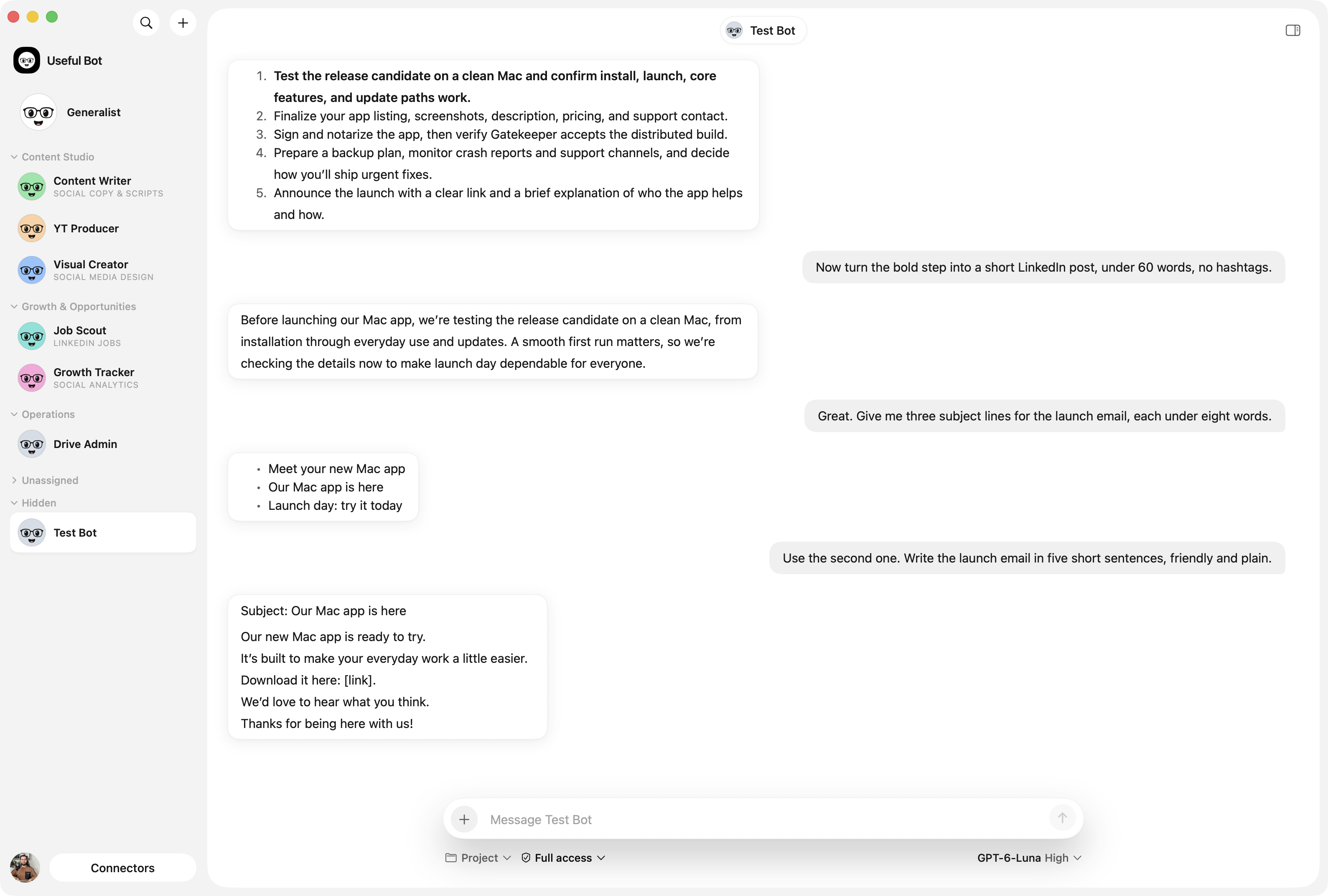 Useful Bot on a Mac: the rail of bots on the left and a chat where a bot answers with a launch checklist.