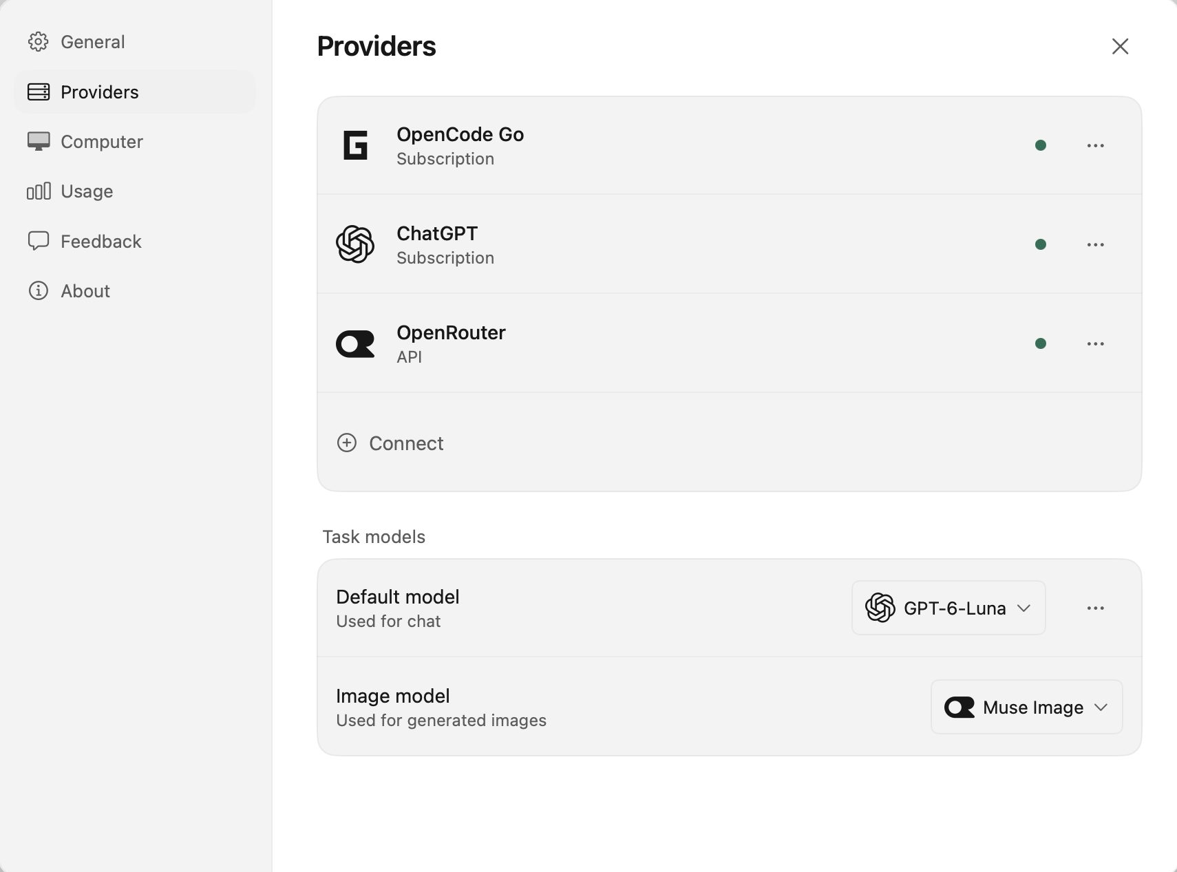 Useful Bot's model settings with connected providers.